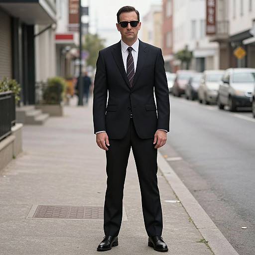 Photograph of a tall, serious-looking man in a black suit, white shirt, and striped tie, wearing black sunglasses, standing on a city street