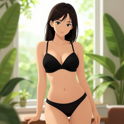 Digital anime-style illustration of a slender woman with black hair, wearing a black bra and panties, standing in a bright room with large green plants in the
