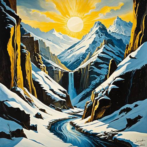 Mystical Snowy Canyon with Vibrant Sun
