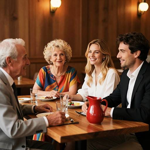Multigenerational Group Dining at Wooden Restaurant Table