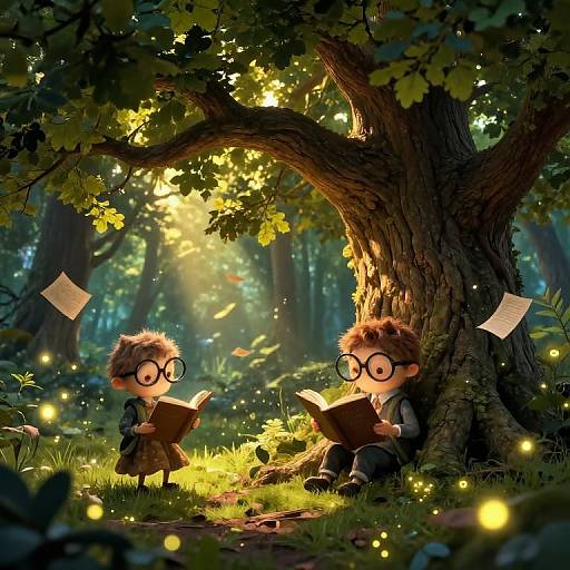 Two cute, bespectacled children with brown hair read books under a magical, sunlit forest tree surrounded by glowing fireflies and floating papers.