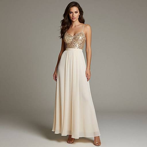 Photograph of a dark-haired woman in a gold lace bodice and white, floor-length, satin skirt, standing against a plain gray background.