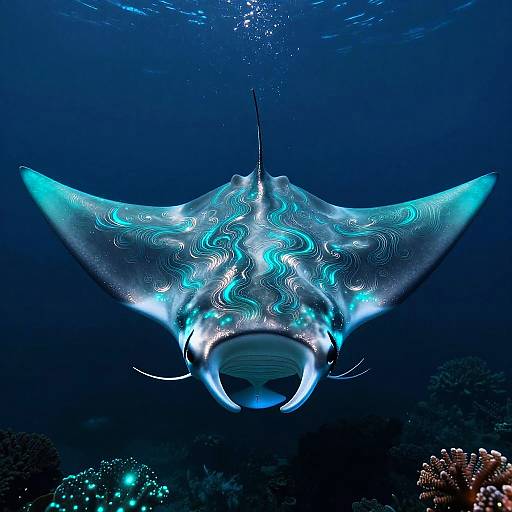 Photograph of a glowing blue manta ray with bioluminescent patterns, swimming underwater surrounded by dark blue ocean and coral reefs.