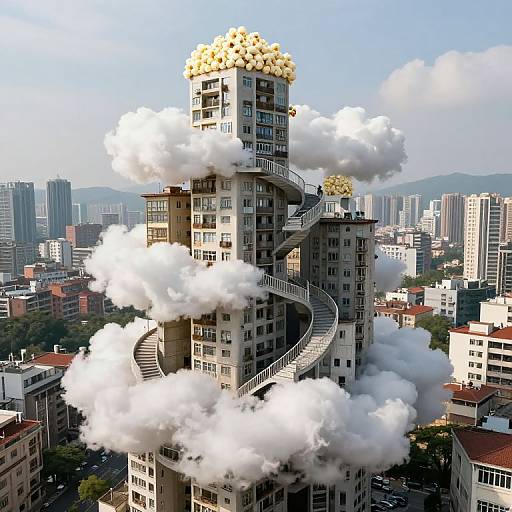Mood-Shifting City with Cloud Staircases