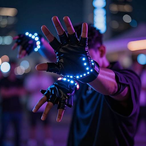 Photograph of a person with gloved hand illuminated by blue LED lights, reaching forward in a dark, urban nighttime setting.