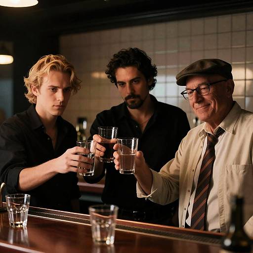 Three Men Toasting in a Dimly Lit Bar
