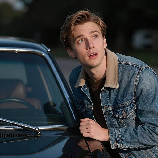Young man leaning on car at night
