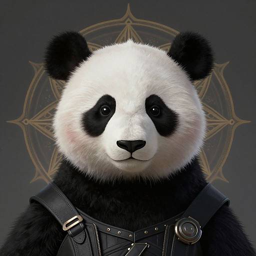 CGI image of a panda bear with black and white fur, wearing a dark leather harness with metal buckles, set against a dark blue background with