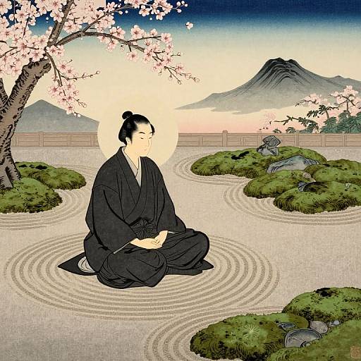 Traditional Japanese illustration of a serene woman in black kimono meditating in a zen garden, cherry blossoms, mountain backdrop, and small turtle.