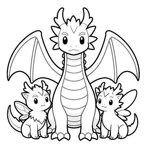 Black-and-white digital line drawing of three cute, small, dragon-like creatures with large eyes and wings, standing closely around a larger, central dragon.