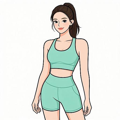 Digital illustration of a smiling, fair-skinned woman with dark brown hair in a ponytail, wearing a light green sports bra and shorts.