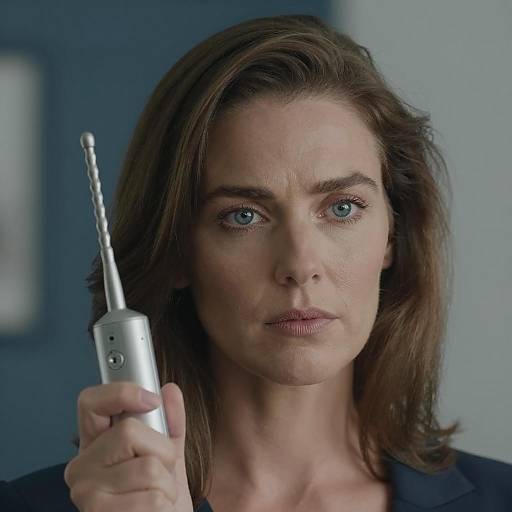 Close-up of a Serious Woman with Device