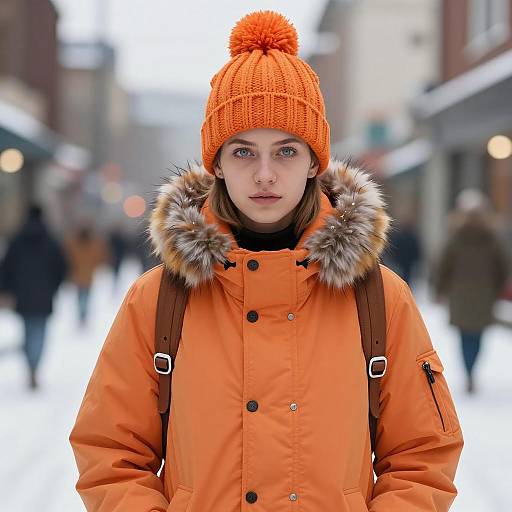 Young Woman in Orange Winter Coat and Beanie