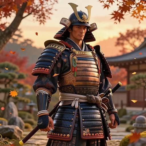 Photorealistic digital art of a Japanese samurai in detailed armor, standing in an autumn garden with falling leaves, holding a sword, and wearing a