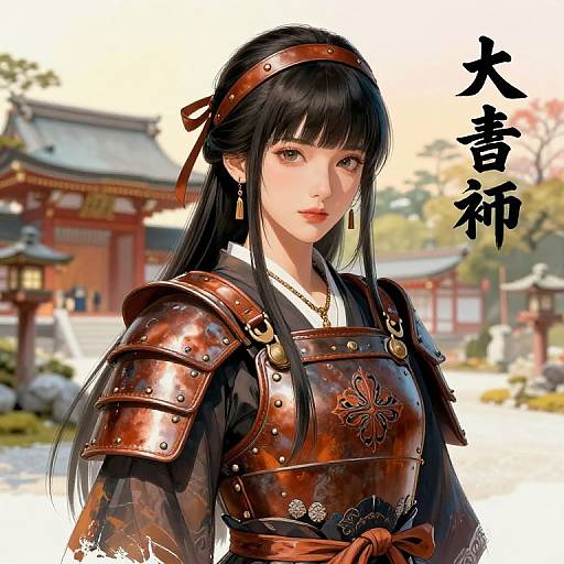 Digital anime-style illustration of a beautiful Japanese woman with long black hair, wearing brown samurai armor, in front of a traditional temple. Japanese text is