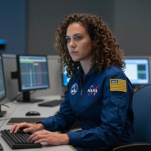 Curly-Haired Woman in NASA Jumpsuit