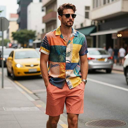 Photograph of a bearded, dark-haired man wearing sunglasses, colorful tropical shirt, and coral shorts, standing on a busy city street with a yellow