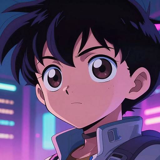 Digital anime-style portrait of a determined young boy with black spiky hair, large brown eyes, and a high-collared jacket, set against a