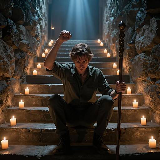 Man in Dark Green Shirt on Candlelit Stone Stairs