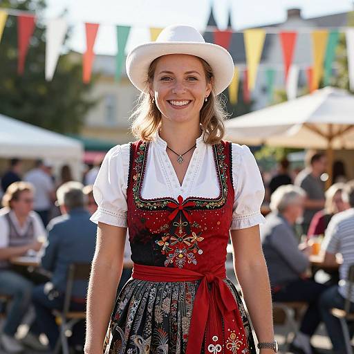 Photograph of a smiling woman in traditional Bavarian dress with white hat, red and black bodice, white blouse, and patterned skirt, standing