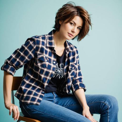 Casual Young Woman in Plaid Shirt and Jeans