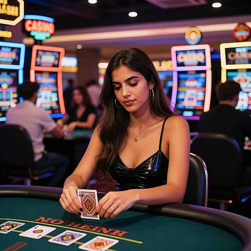 Photograph of a young woman with long dark hair, wearing a black leather spaghetti-strap top, holding a card at a casino table. Neon signs