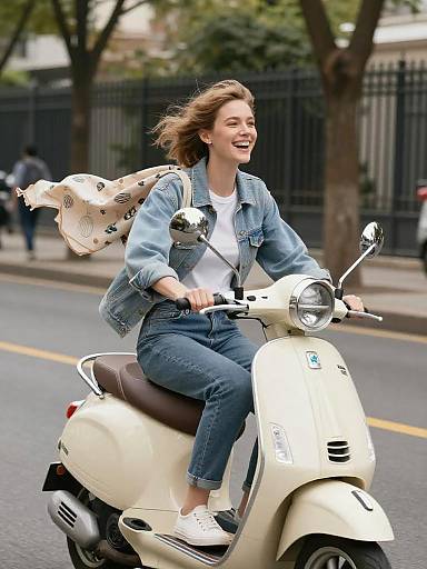 Laughing Woman Riding Pastel Vintage Scooter