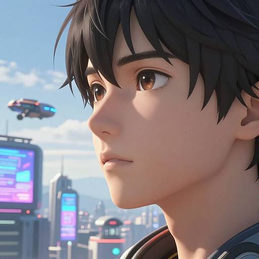 3D anime-style close-up of a young boy with black hair, large brown eyes, and fair skin, gazing at a futuristic cityscape with