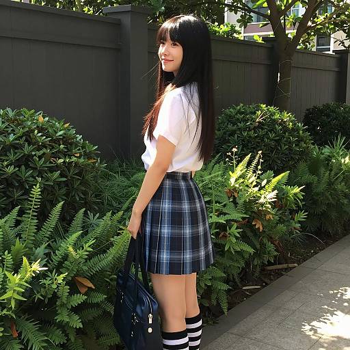 Cheerful Asian Woman in Garden Outfit