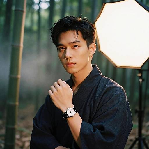 Photograph of a young Asian man with short black hair, wearing a black kimono, watch on left wrist, standing in a misty bamboo forest
