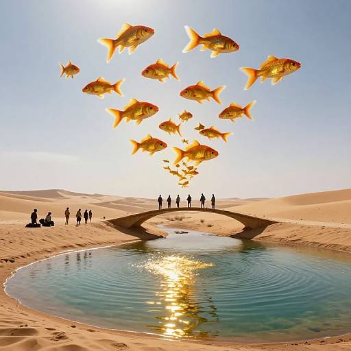 Digital artwork: Silhouetted people cross desert arch bridge, surrounded by golden-orange fish, over reflective water pool, with sunlit sky.