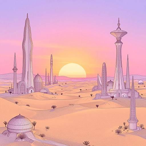 Digital drawing of a desert cityscape at sunset, featuring tall minarets and domes, with a vibrant pink-orange-purple gradient sky.