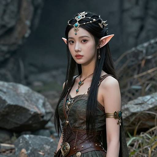 Digital art of an elegant, dark-haired, elf-like woman with pointed ears, wearing a crown and intricate black dress, standing in a rocky forest.