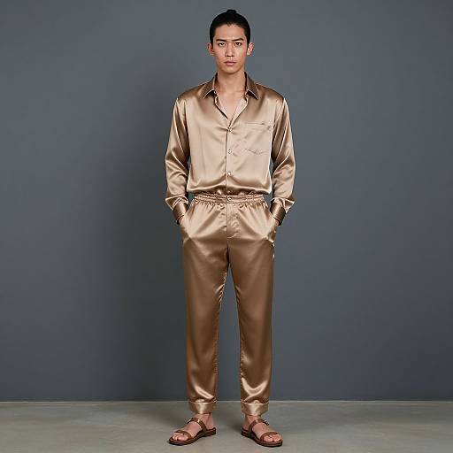 Asian man with short black hair, wearing shiny gold satin pajamas, hands in pockets, brown sandals, standing against gray backdrop. Photographic portrait.