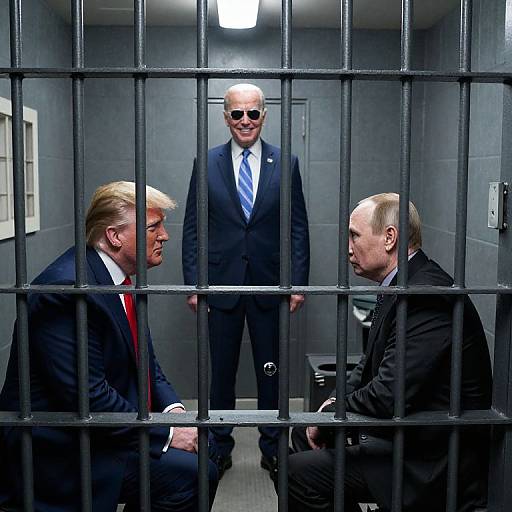 Photograph of three men in suits behind prison bars, one standing in the center wearing sunglasses, another seated left, and the third seated right, in
