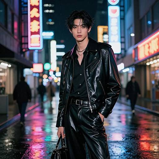 Photograph of a young, androgynous man with messy black hair, wearing a black leather jacket and pants, standing in a neon-lit