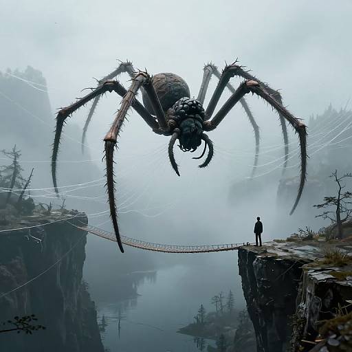 Digital art: Giant spider with long legs crossing a narrow bridge over a misty, cliff-surrounded lake, with a small, silhouetted