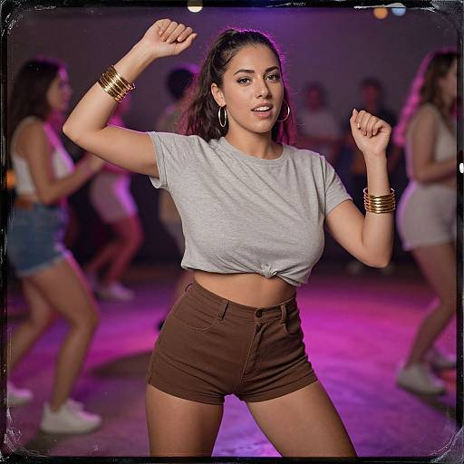 Photograph of a confident woman with medium brown skin, dark hair in a ponytail, wearing a tied gray T-shirt and brown shorts, posing with