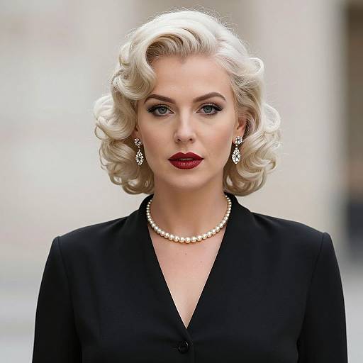 Photograph of a blonde woman with vintage curled hair, wearing a black blazer, pearl necklace, diamond earrings, and red lipstick, standing against a