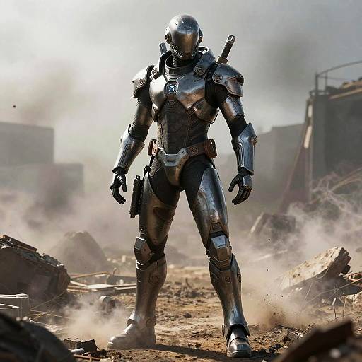 Photograph-style CGI of a silver, armored, futuristic warrior standing in a dusty, ruined cityscape with debris and smoke, wielding a rifle on his