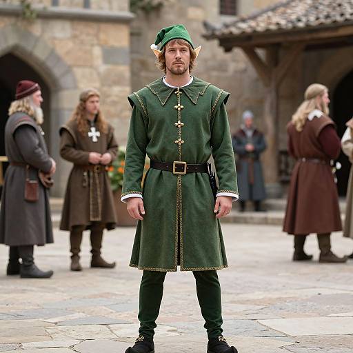 Photograph of a bearded man in a green elf costume with pointed ears, standing in a medieval village square, surrounded by people in medieval attire.