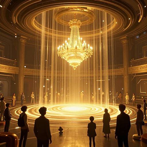 Photograph of a grand, dimly-lit ballroom with a large, glowing chandelier at the center, surrounded by golden light beams, sil
