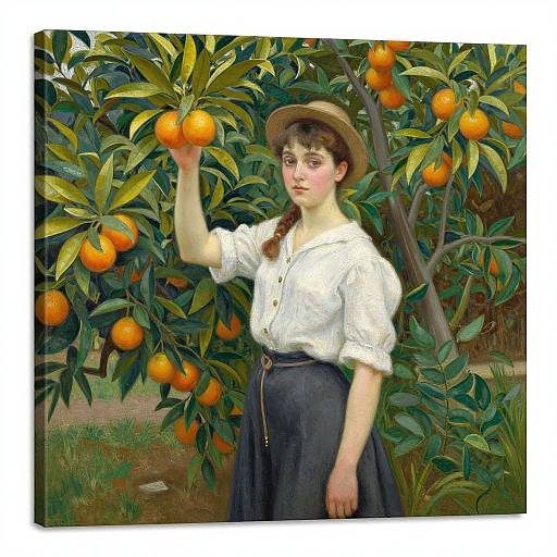 Photorealistic painting of a young woman with fair skin and brown hair in a braid, wearing a white blouse and dark skirt, picking an orange