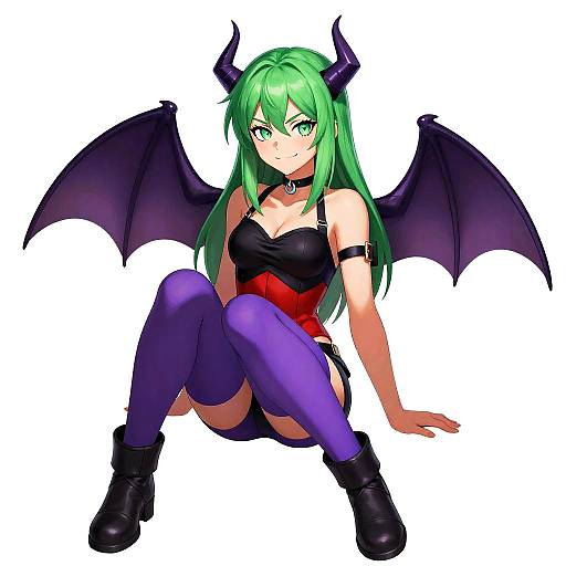Digital anime-style drawing of a green-haired, green-eyed, demon girl with black horns, bat wings, black top, red waist, purple thigh-high