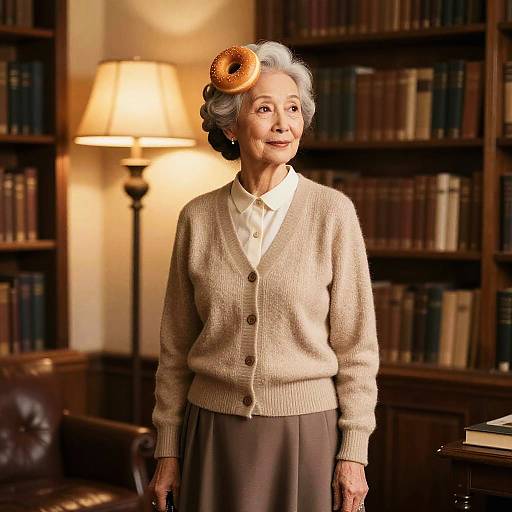 Photograph of an elderly woman with gray hair, wearing a beige cardigan, white blouse, and brown skirt, standing in a warmly lit library with