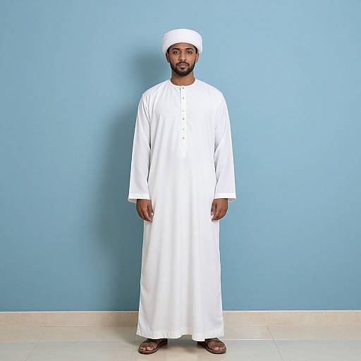 Photograph of a bearded man in a white traditional long shirt and cap, standing against a light blue wall, wearing brown sandals.