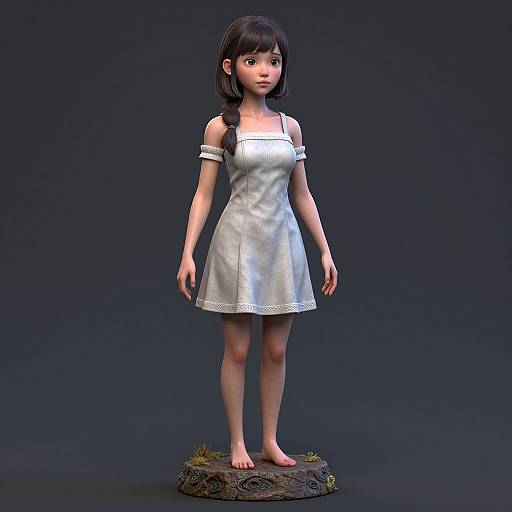 3D-rendered anime-style girl with black braided hair, white off-shoulder dress, barefoot, standing on circular stone base against dark