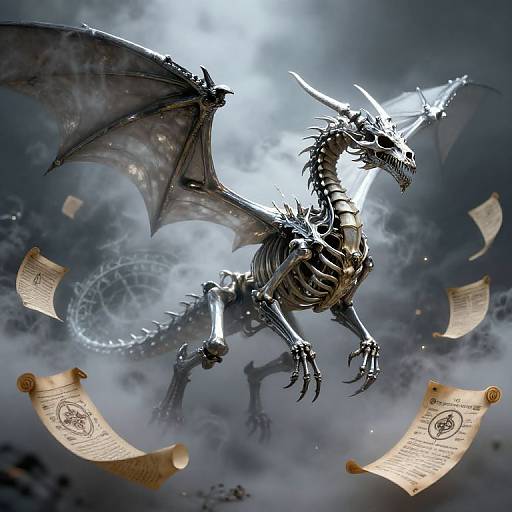Digital artwork of a silver dragon with glowing eyes and wings, floating amidst swirling clouds, surrounded by floating ancient scrolls.