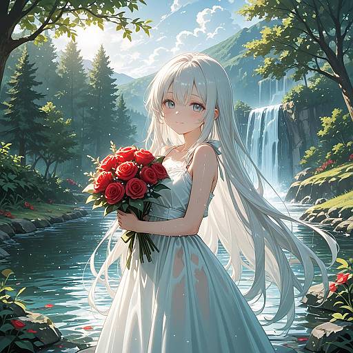 Girl with Bouquet by Lake