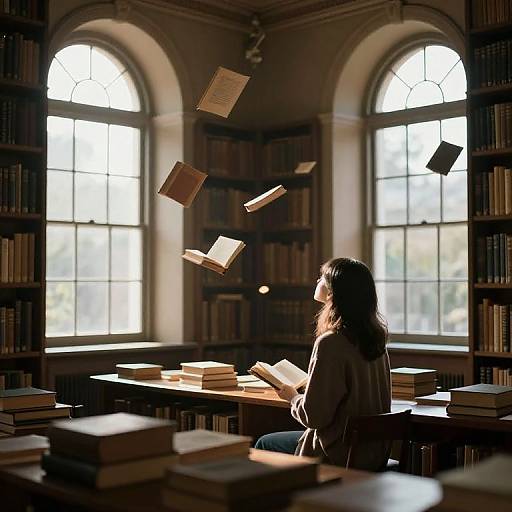 Photograph of a woman with wavy brown hair, in a library, surrounded by books, watching several floating open books illuminated by sunlight through tall ar